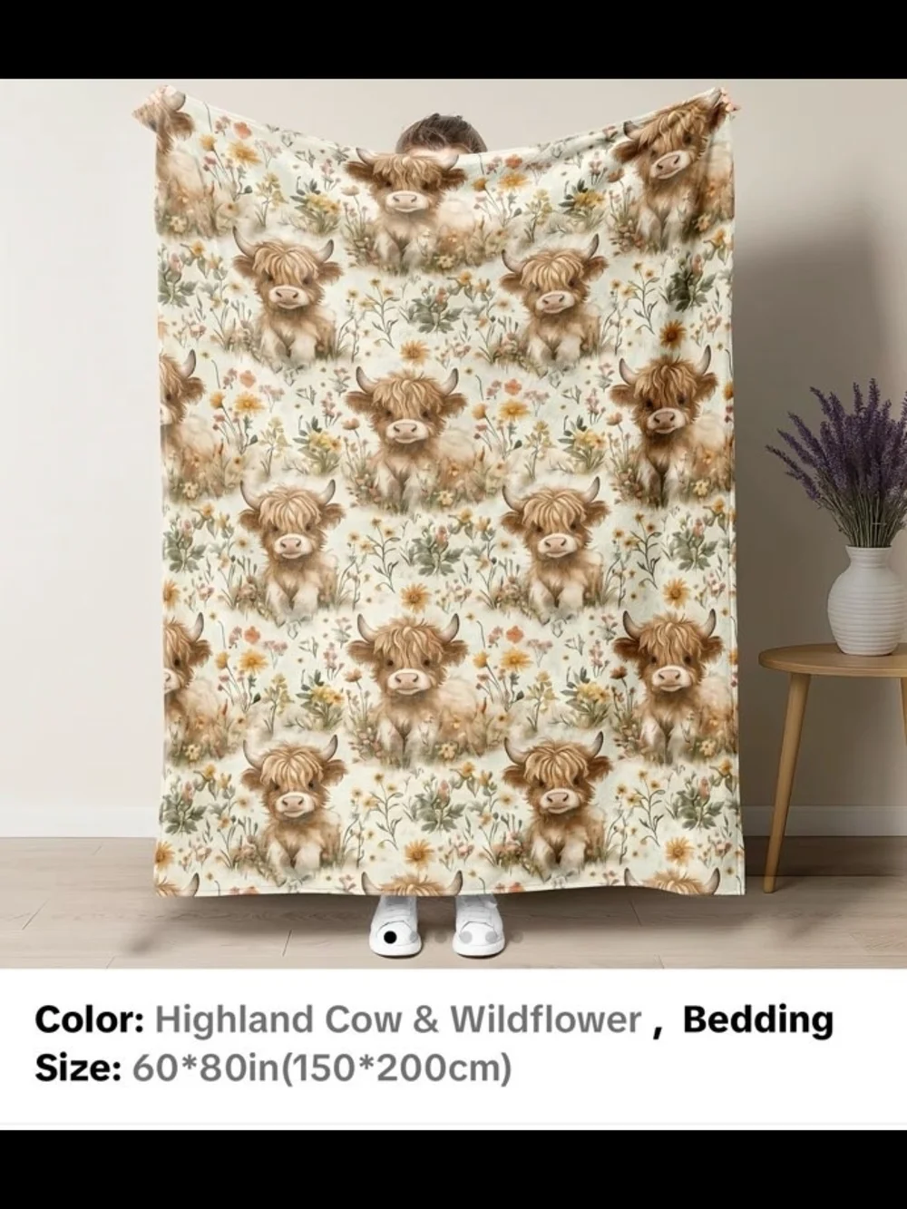 Plush Highland Cow & Wildflower Throw Blanket - Cream, Brown, Green